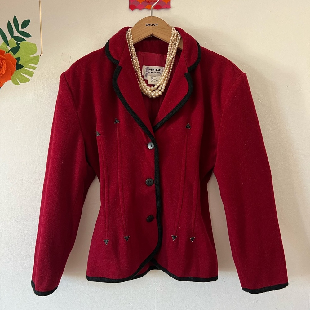 VTG 90s Vertigo Paris French wool blazer jacket sz M Made in France red black